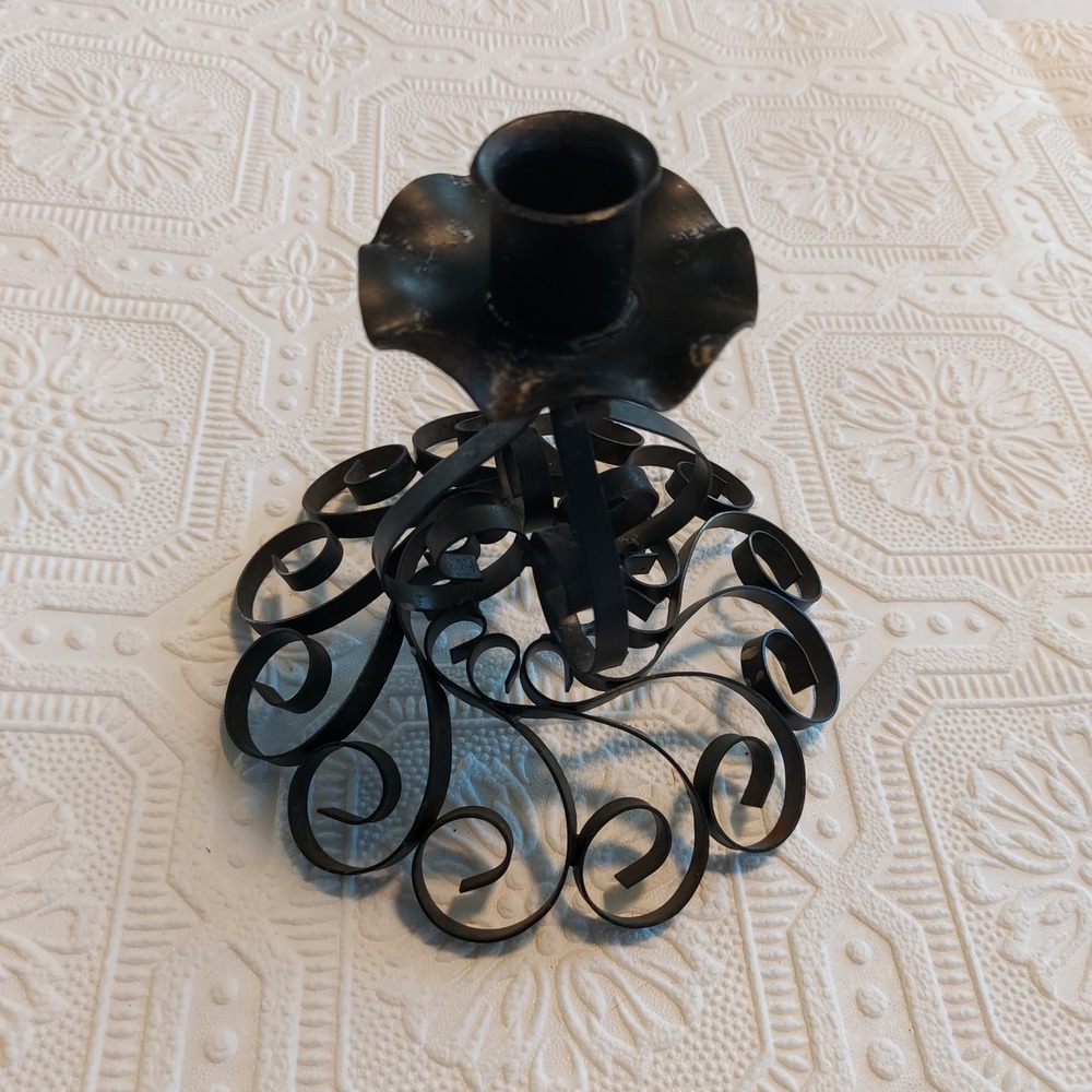 Vintage Wrought Iron Scrollwork Taper Candle Holder Black Gothic Metal 5.5x6in